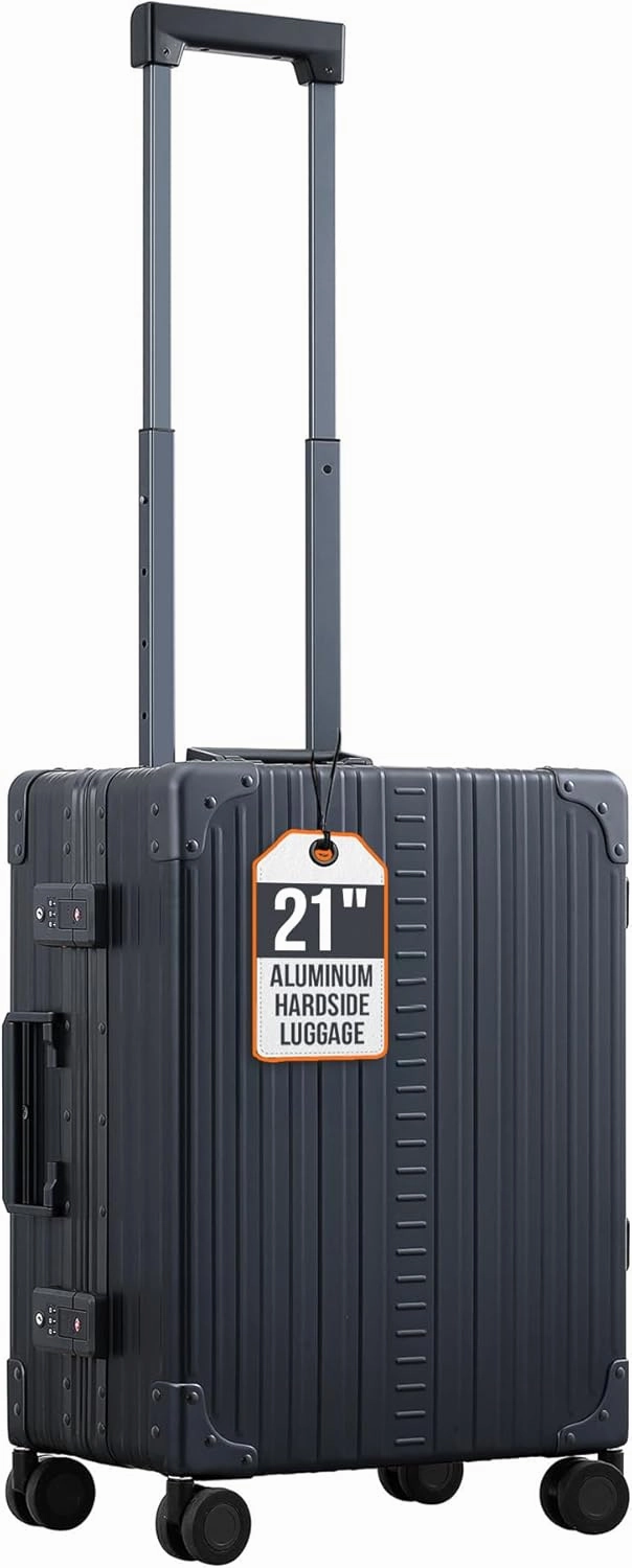 Aleon Lightweight Aluminum Carry-On Luggage - Hardside Carry-On Suitcase, TSA Approved, Hard Shell Suitcase for Travel, Airline Approved 21 Inch Hard Spinner Wheels Luggage (Onyx)
