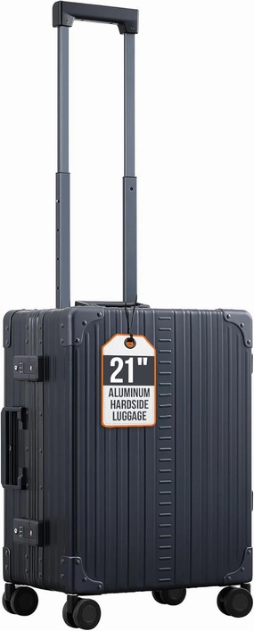 Aleon Lightweight Aluminum Carry-On Luggage - Hardside Carry-On Suitcase, TSA Approved, Hard Shell Suitcase for Travel, Airline Approved 21 Inch Hard Spinner Wheels Luggage (Onyx)
