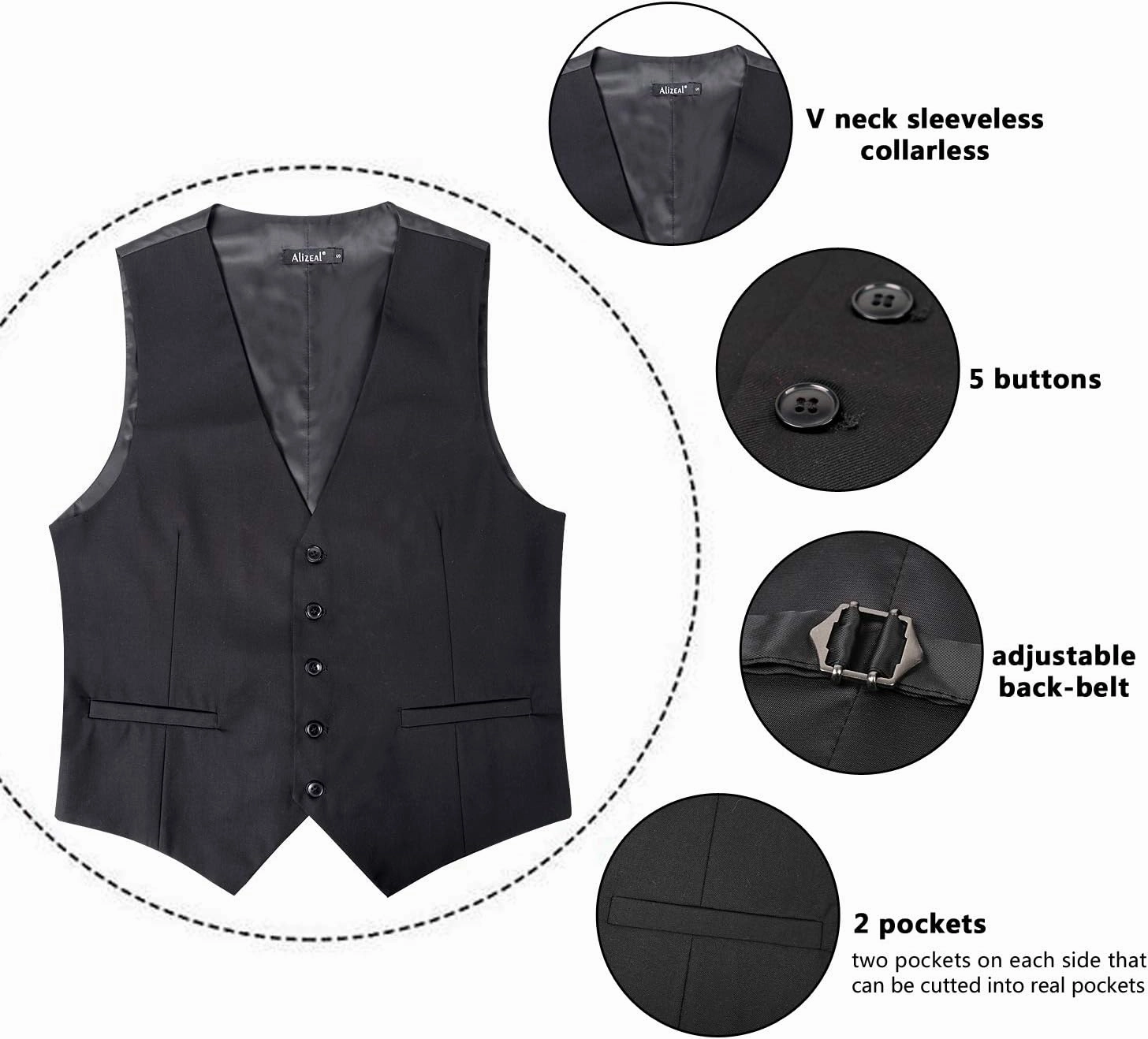 Alizeal Mens Classic Solid Color Business Suit Vest Regular Fit Tuxedo Waistcoat for Wedding