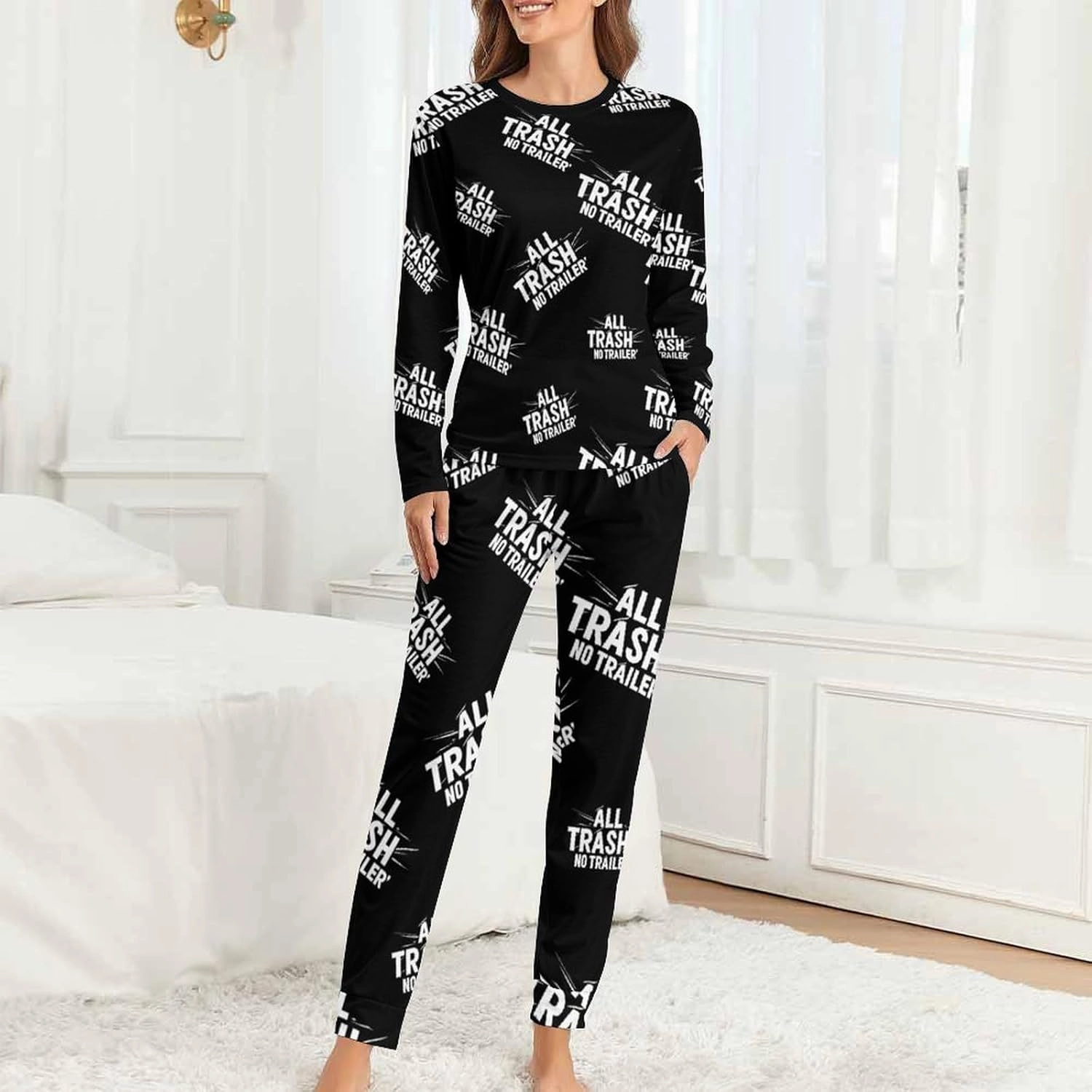 All Trash No Trailer Comfortable Fit Pajamas for Women Set Crew Neck Breathable Lounge Sets with Pockets