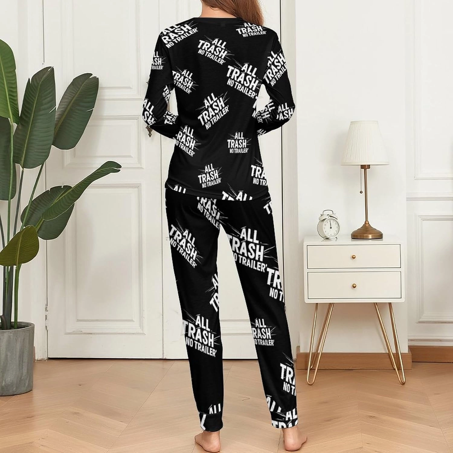 All Trash No Trailer Comfortable Fit Pajamas for Women Set Crew Neck Breathable Lounge Sets with Pockets