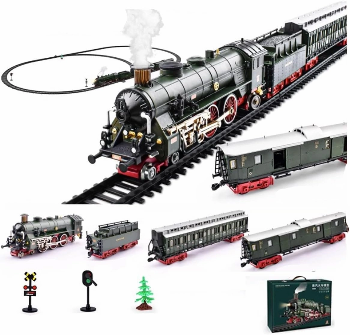 Alloy Electric Train Set Model, Electric Model Train with Carriages and Long Tracks, Great STEM Gifts and Desk Decorations for Teens and Adults(Model 22920/Dark Green)