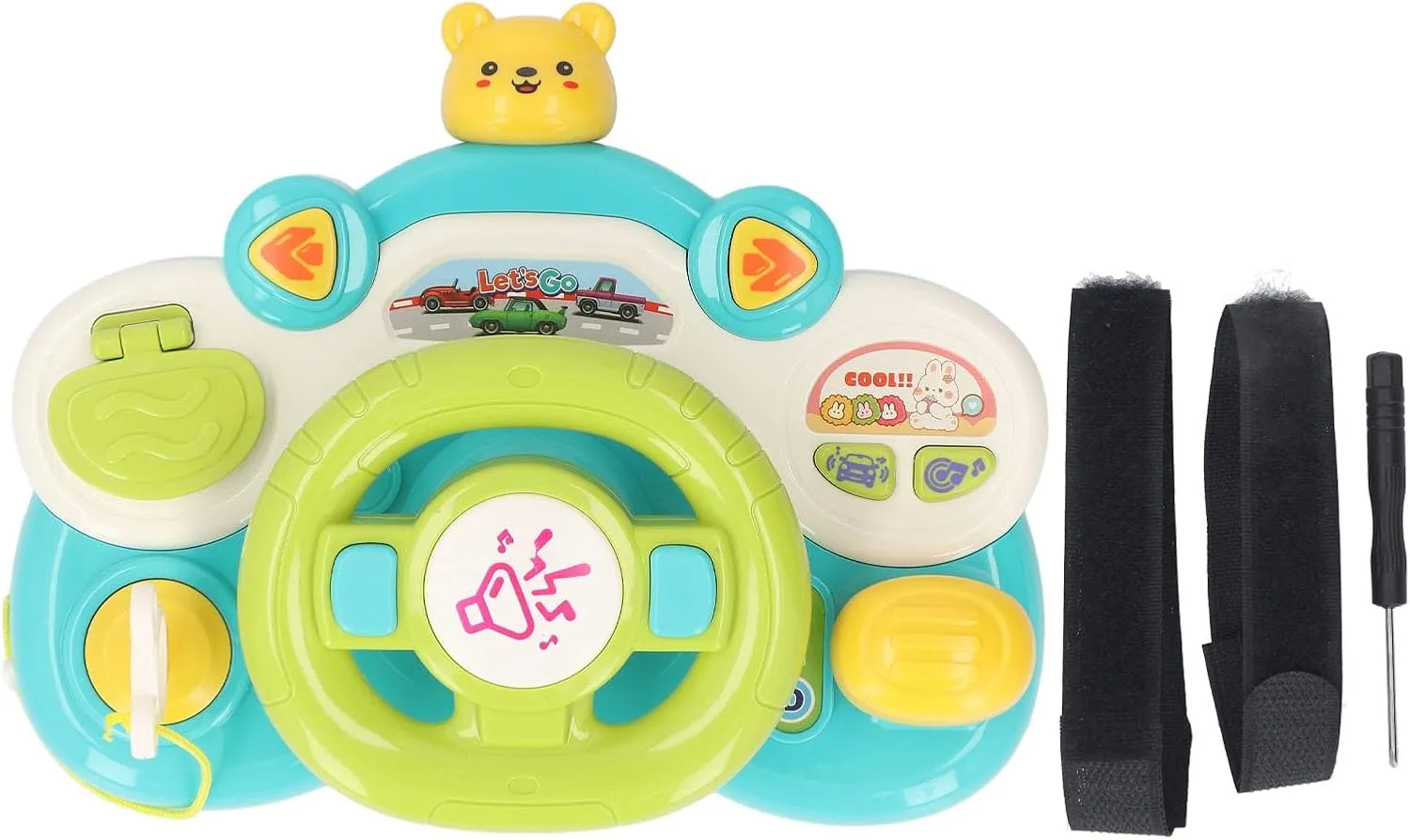 Alomejor Toddler Steering Wheel Toy, Musical Driving Wheel with Lights and Sounds for Kids, Interactive Sensory Travel Toy for Car Seat Play (8.9 x 7.1 Inches) (Bear)