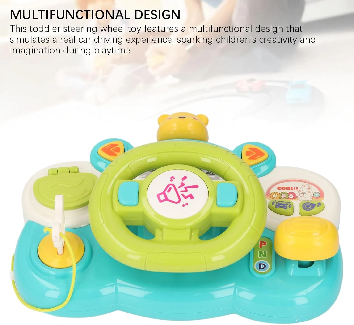 Alomejor Toddler Steering Wheel Toy, Musical Driving Wheel with Lights and Sounds for Kids, Interactive Sensory Travel Toy for Car Seat Play (8.9 x 7.1 Inches) (Bear)