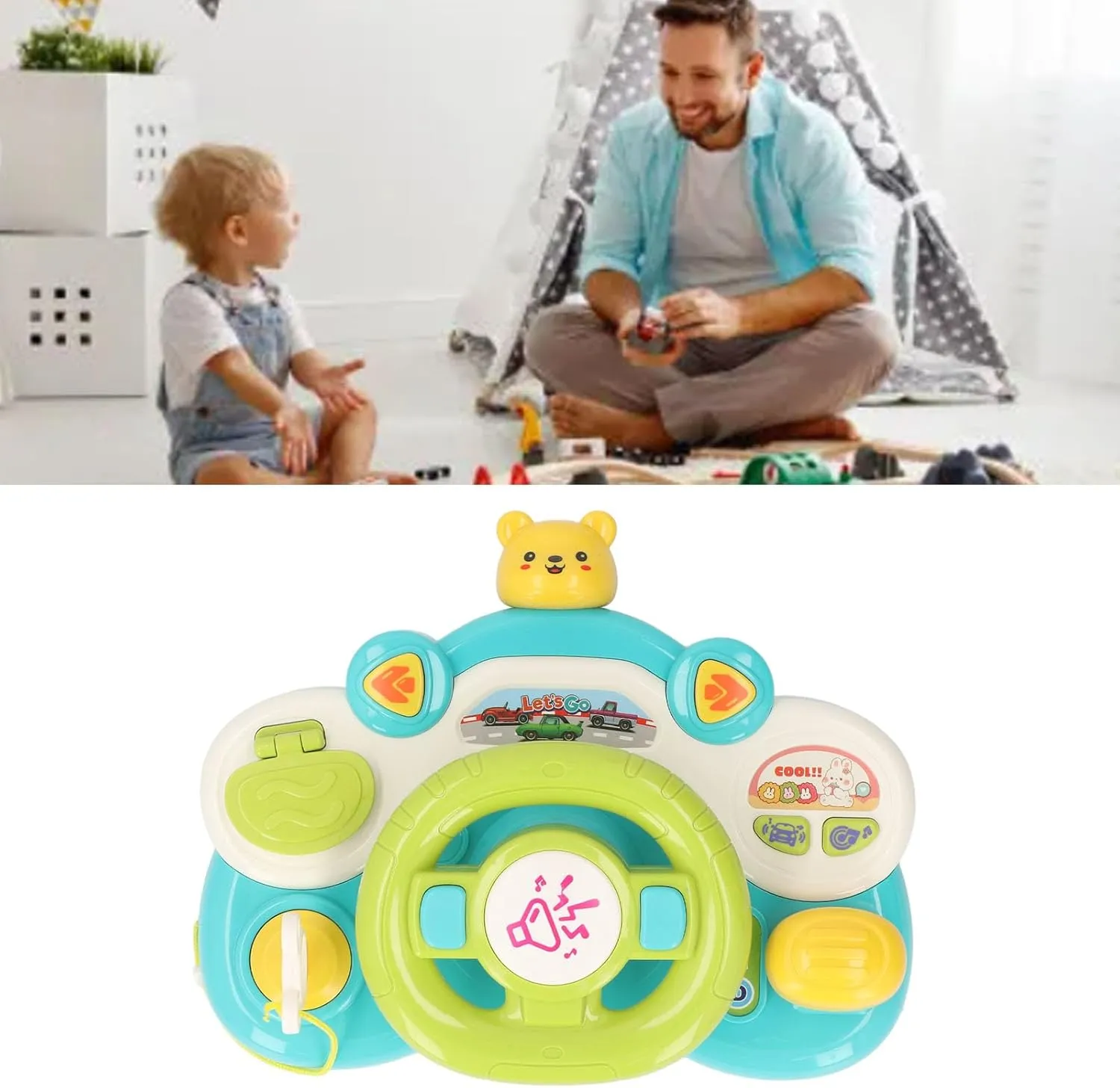 Alomejor Toddler Steering Wheel Toy, Musical Driving Wheel with Lights and Sounds for Kids, Interactive Sensory Travel Toy for Car Seat Play (8.9 x 7.1 Inches) (Bear)