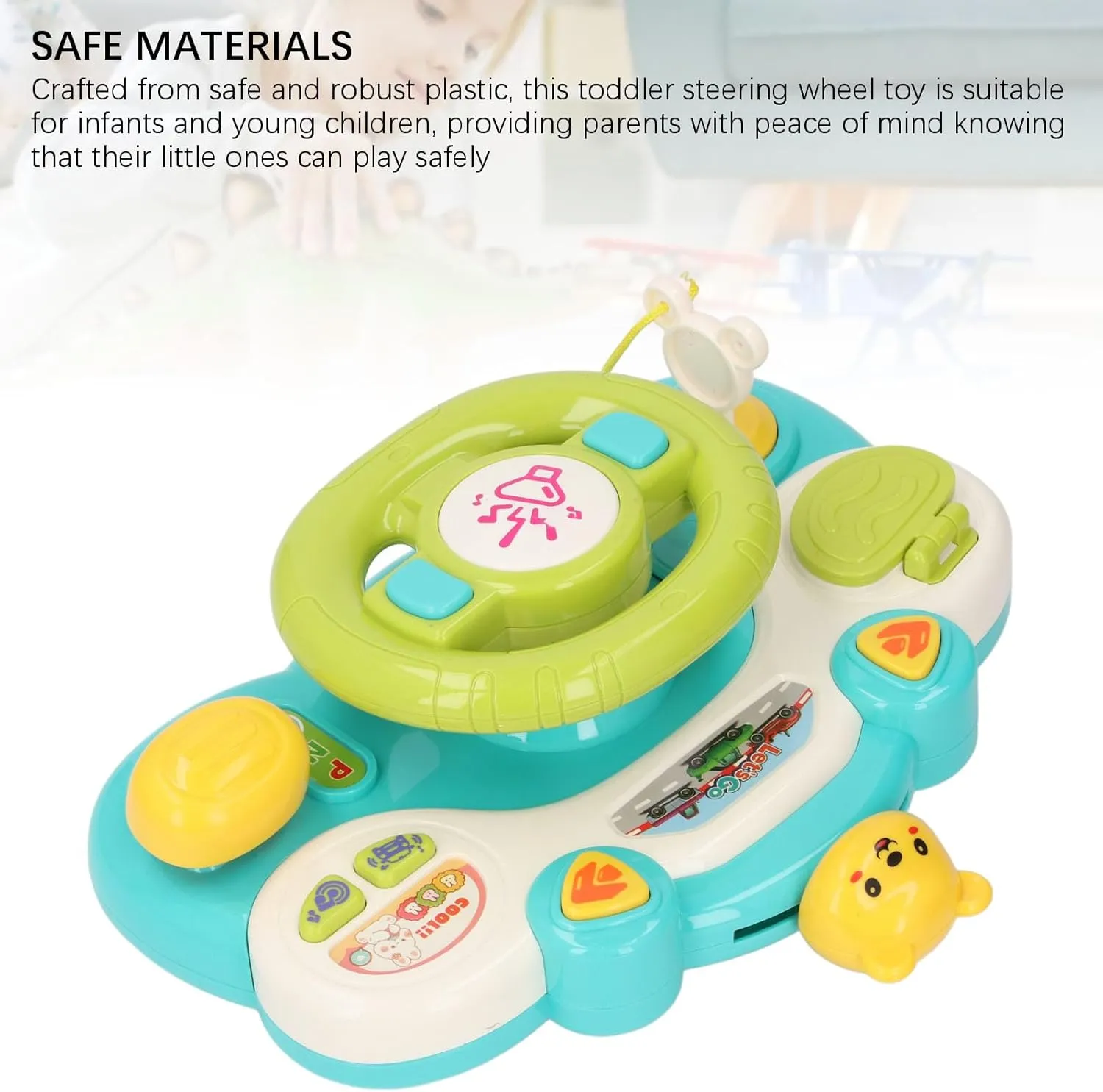 Alomejor Toddler Steering Wheel Toy, Musical Driving Wheel with Lights and Sounds for Kids, Interactive Sensory Travel Toy for Car Seat Play (8.9 x 7.1 Inches) (Bear)