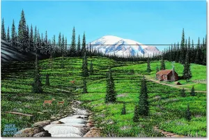 Alpine Meadow Cabin Wood Art Print from Drawing and Painting by Artist Mike Bennett 24" x 36"