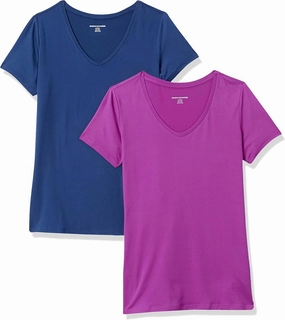 Amazon Essentials Women's Active Quick Dry Tech Stretch Short-Sleeve V-Neck T-Shirt (Available in Plus Size), Pack of 2