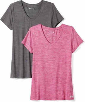 Amazon Essentials Women's Active Quick Dry Tech Stretch Short-Sleeve V-Neck T-Shirt (Available in Plus Size), Pack of 2