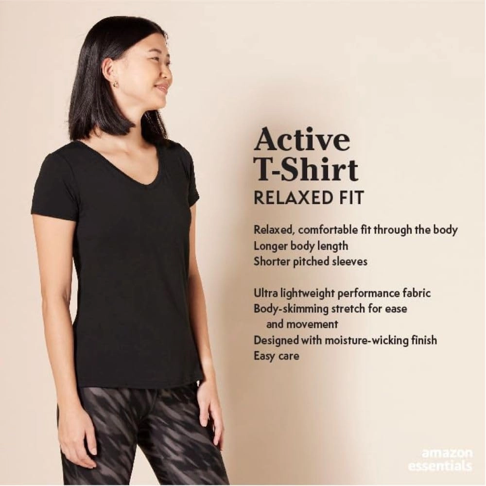 Amazon Essentials Women's Active Quick Dry Tech Stretch Short-Sleeve V-Neck T-Shirt (Available in Plus Size), Pack of 2