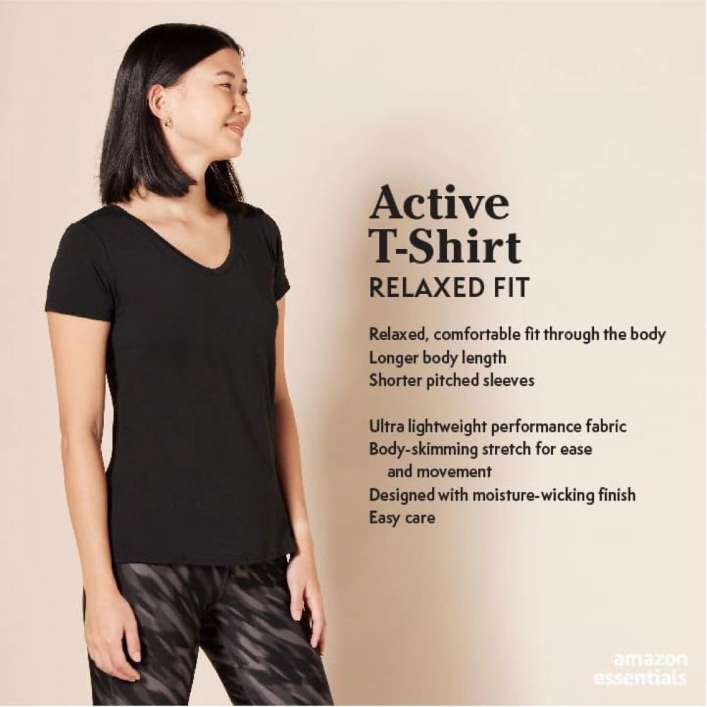 Amazon Essentials Women's Active Quick Dry Tech Stretch Short-Sleeve V-Neck T-Shirt (Available in Plus Size), Pack of 2