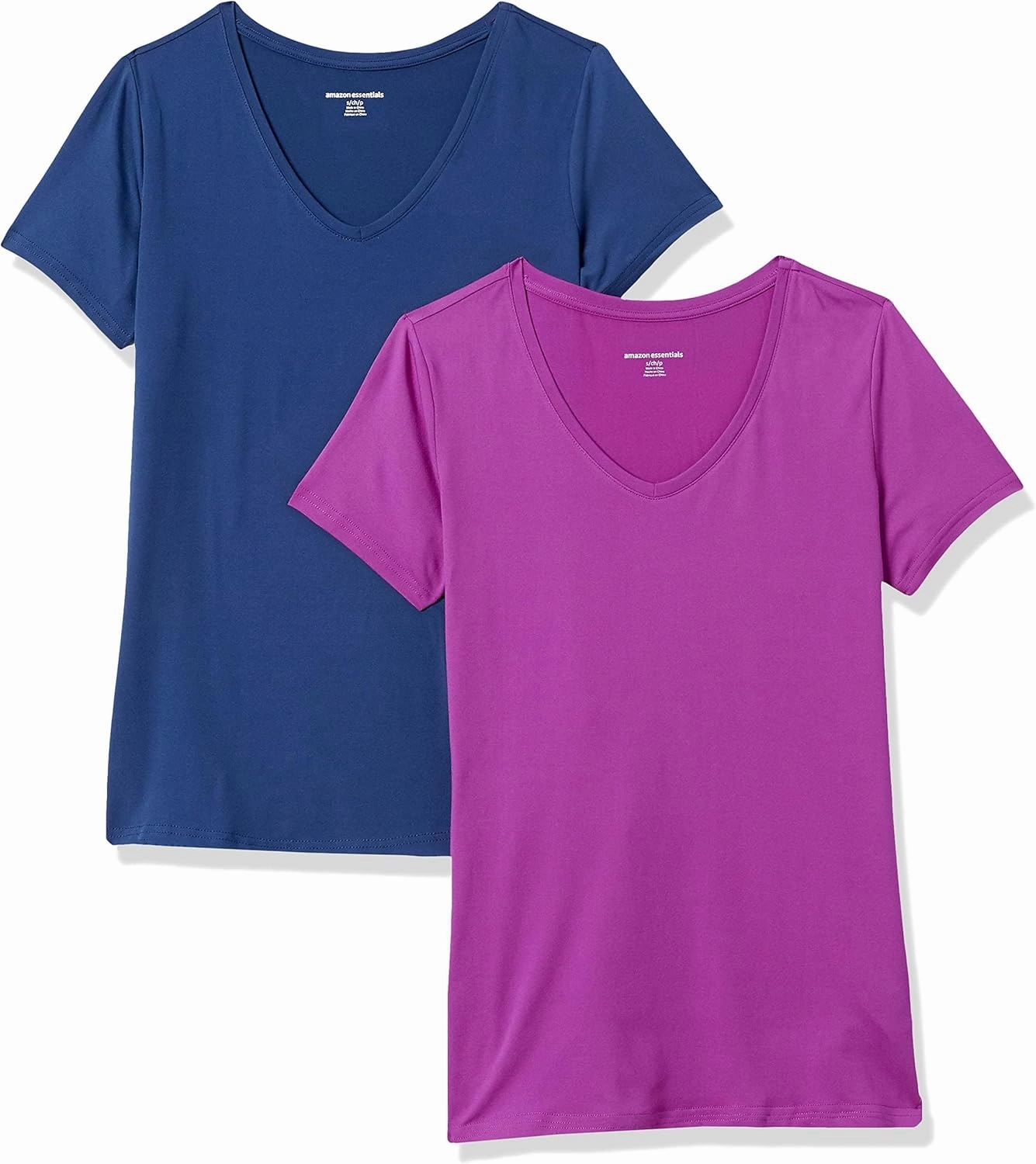 Amazon Essentials Women's Active Quick Dry Tech Stretch Short-Sleeve V-Neck T-Shirt (Available in Plus Size), Pack of 2