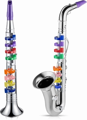 Amylove Set of 2 Musical Instruments Including Toy Clarinet Saxophone Plastic Saxophone Finish Toy Instruments Clarinet with 8 Colored Keys for Music Little One Home School Music Gift(Silver)