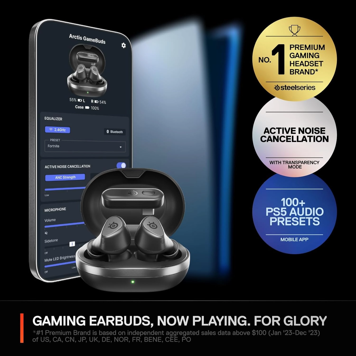 Arctis GameBuds for PlayStation/PC/Switch/Mobile — 2.4GHz   Bluetooth 5.3 Earbuds — Active Noise Cancelling — Mobile App Sound Presets — Water Resistant IP55 — 40H Battery with Qi Charging Case