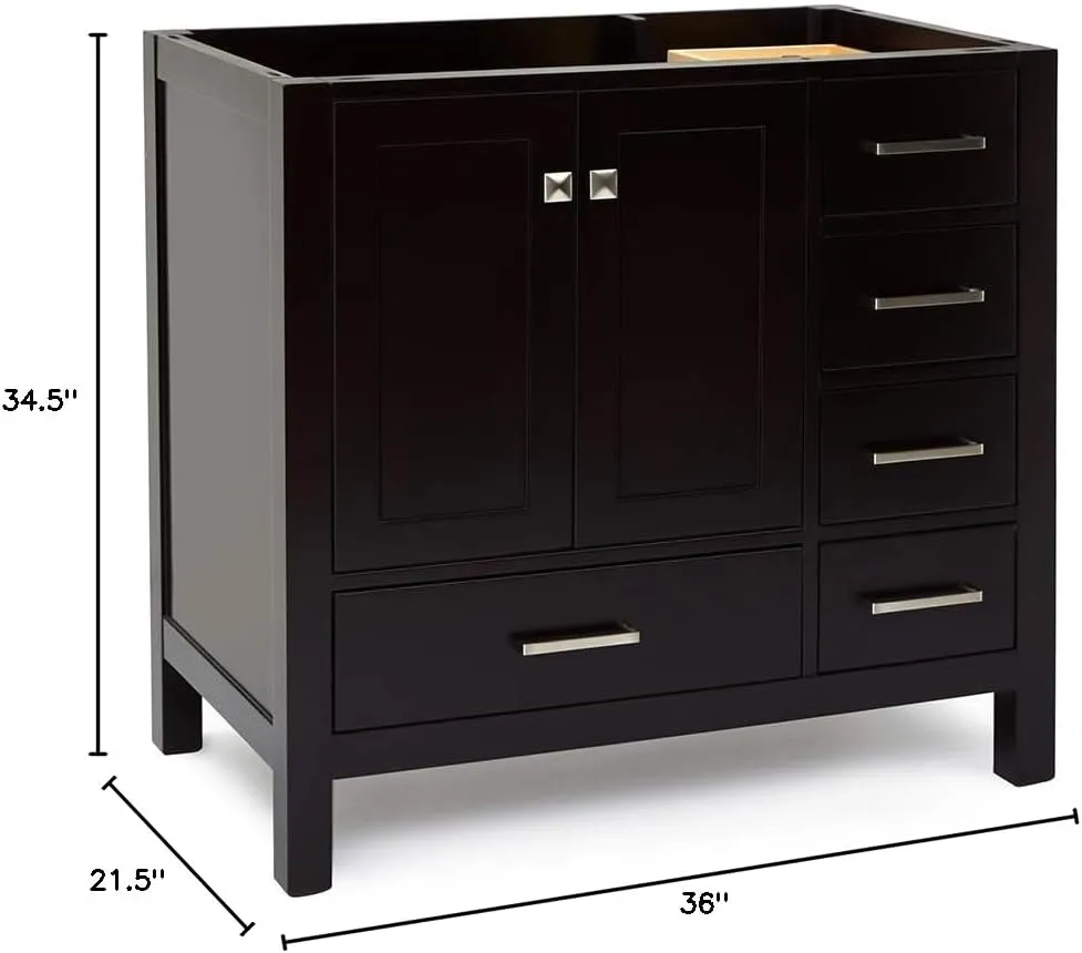 ARIEL 36" Espresso Bathroom Vanity Base Cabinet, Left Offset Sink Configuration, 2 Soft Closing Doors, 5 Full Extension Dovetail Drawers, Brushed Nickel