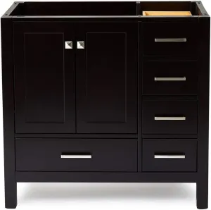 ARIEL 36" Espresso Bathroom Vanity Base Cabinet, Left Offset Sink Configuration, 2 Soft Closing Doors, 5 Full Extension Dovetail Drawers, Brushed Nickel