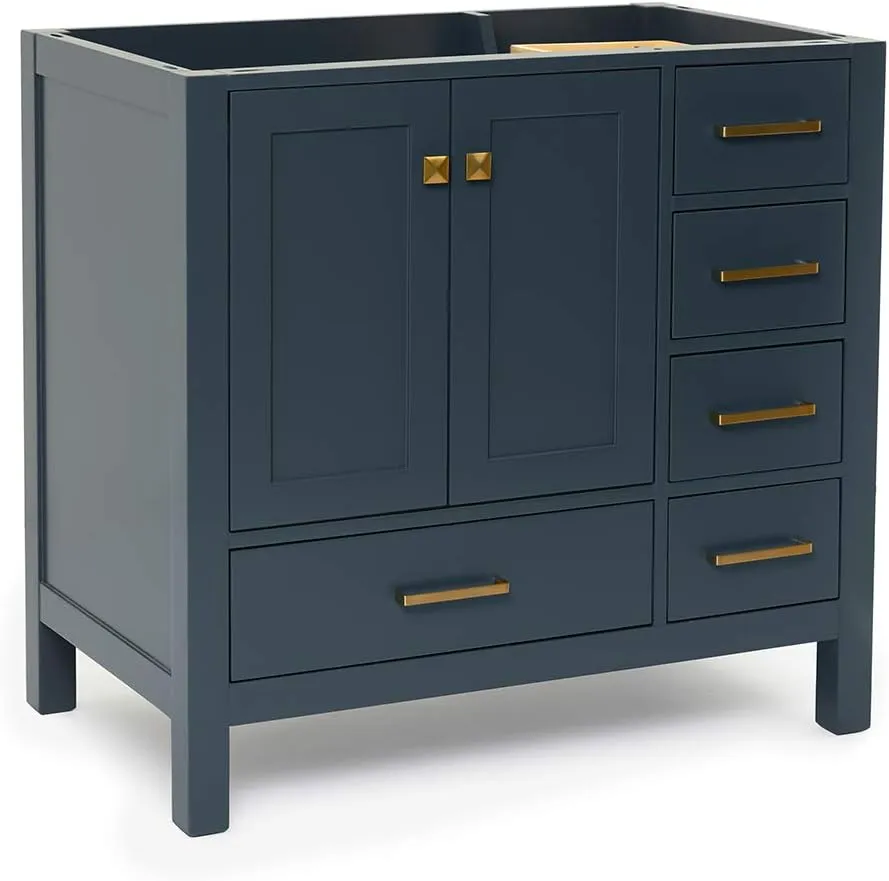 ARIEL 36" Midnight Blue Bathroom Vanity Base Cabinet, Left Offset Sink Configuration, 2 Soft Closing Doors, 5 Full Extension Dovetail Drawers, Satin Brass