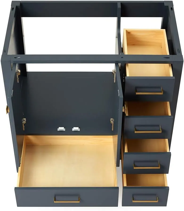 ARIEL 36" Midnight Blue Bathroom Vanity Base Cabinet, Left Offset Sink Configuration, 2 Soft Closing Doors, 5 Full Extension Dovetail Drawers, Satin Brass