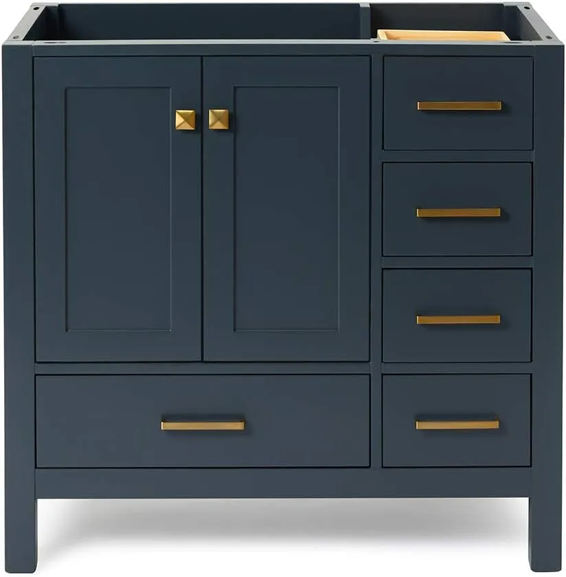 ARIEL 36" Midnight Blue Bathroom Vanity Base Cabinet, Left Offset Sink Configuration, 2 Soft Closing Doors, 5 Full Extension Dovetail Drawers, Satin Brass
