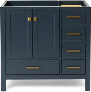 ARIEL 36" Midnight Blue Bathroom Vanity Base Cabinet, Left Offset Sink Configuration, 2 Soft Closing Doors, 5 Full Extension Dovetail Drawers, Satin Brass