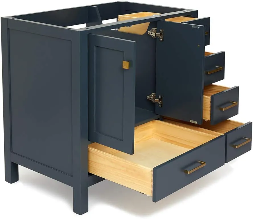 ARIEL 36" Midnight Blue Bathroom Vanity Base Cabinet, Left Offset Sink Configuration, 2 Soft Closing Doors, 5 Full Extension Dovetail Drawers, Satin Brass