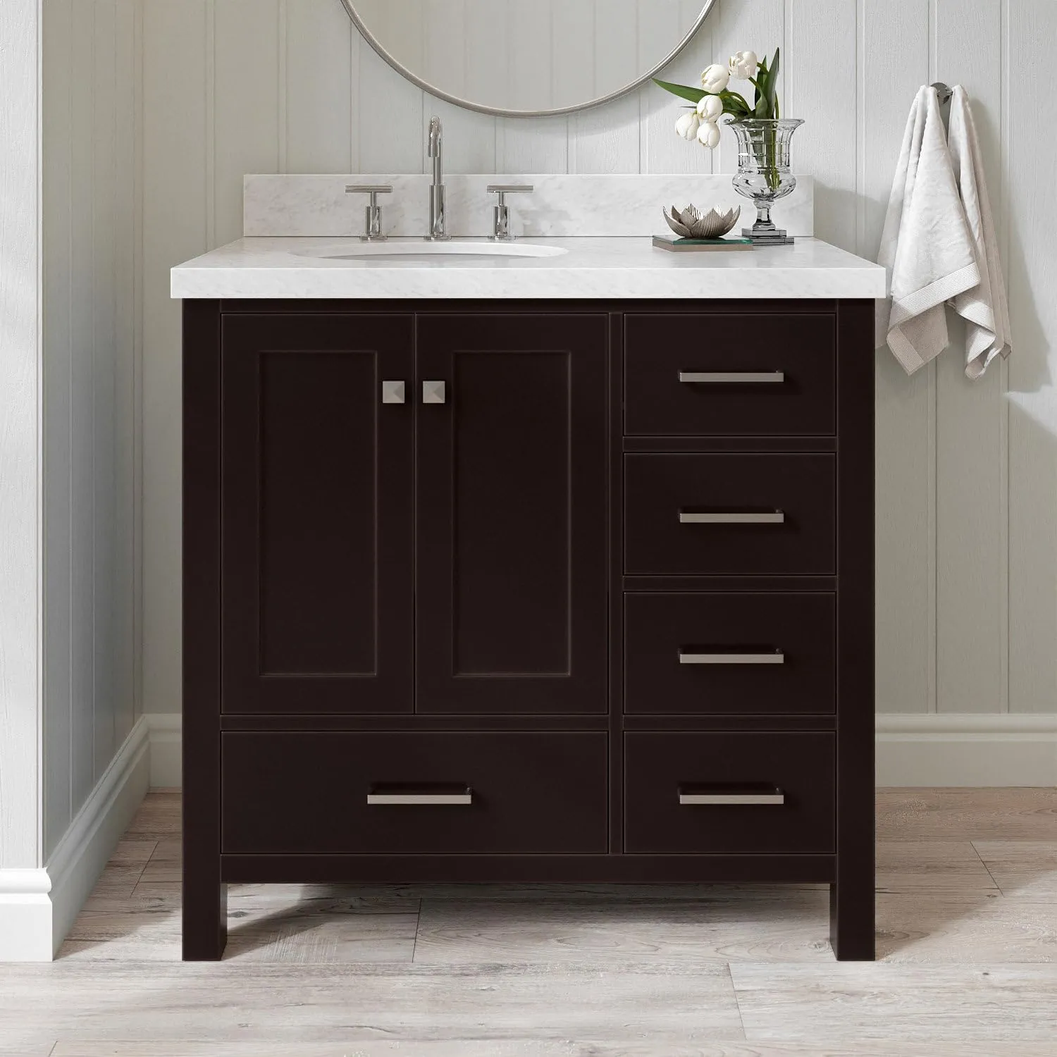 ARIEL 37" Espresso Bathroom Vanity with 1.5" Edge Italian Carrara Marble Countertop & Backsplash, Left Oval Sink, 2 Soft Closing Doors, 5 Full Extension Dovetail Drawers, Brushed Nickel