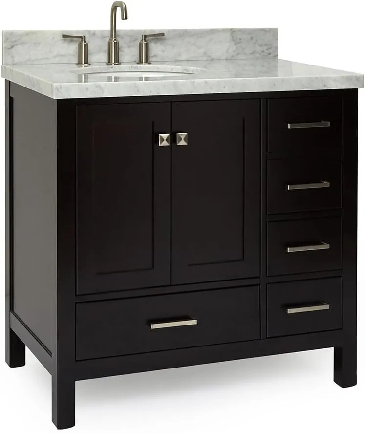 ARIEL 37" Espresso Bathroom Vanity with 1.5" Edge Italian Carrara Marble Countertop & Backsplash, Left Oval Sink, 2 Soft Closing Doors, 5 Full Extension Dovetail Drawers, Brushed Nickel