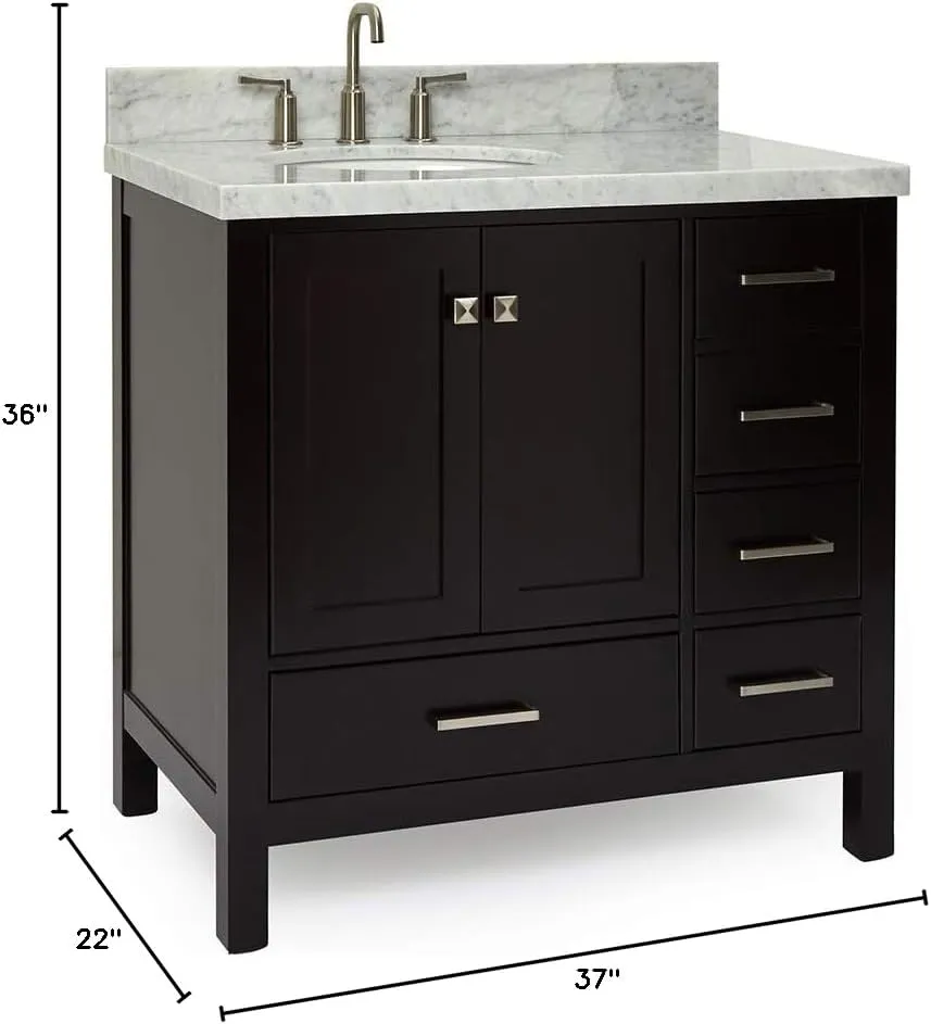 ARIEL 37" Espresso Bathroom Vanity with 1.5" Edge Italian Carrara Marble Countertop & Backsplash, Left Oval Sink, 2 Soft Closing Doors, 5 Full Extension Dovetail Drawers, Brushed Nickel