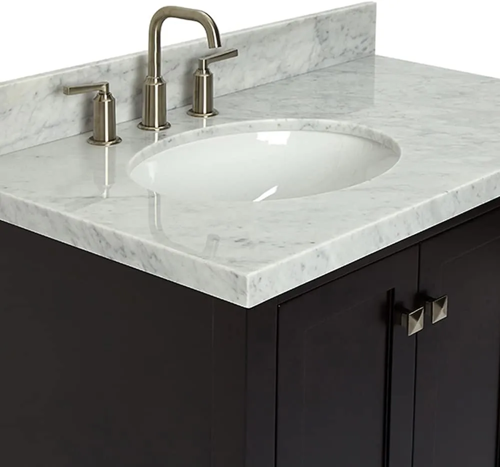 ARIEL 37" Espresso Bathroom Vanity with 1.5" Edge Italian Carrara Marble Countertop & Backsplash, Left Oval Sink, 2 Soft Closing Doors, 5 Full Extension Dovetail Drawers, Brushed Nickel