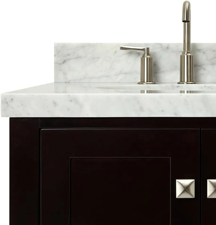 ARIEL 37" Espresso Bathroom Vanity with 1.5" Edge Italian Carrara Marble Countertop & Backsplash, Left Oval Sink, 2 Soft Closing Doors, 5 Full Extension Dovetail Drawers, Brushed Nickel