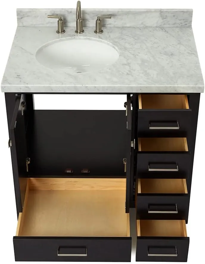ARIEL 37" Espresso Bathroom Vanity with 1.5" Edge Italian Carrara Marble Countertop & Backsplash, Left Oval Sink, 2 Soft Closing Doors, 5 Full Extension Dovetail Drawers, Brushed Nickel