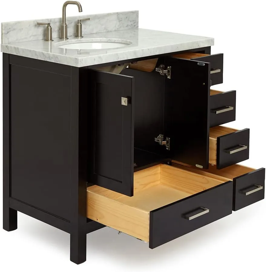 ARIEL 37" Espresso Bathroom Vanity with 1.5" Edge Italian Carrara Marble Countertop & Backsplash, Left Oval Sink, 2 Soft Closing Doors, 5 Full Extension Dovetail Drawers, Brushed Nickel