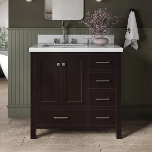 ARIEL 37" Espresso Bathroom Vanity with 1.5" Edge Italian Carrara Marble Countertop & Backsplash, Left Rectangular Sink, 2 Soft Closing Doors, 5 Full Extension Dovetail Drawers, Brushed Nickel