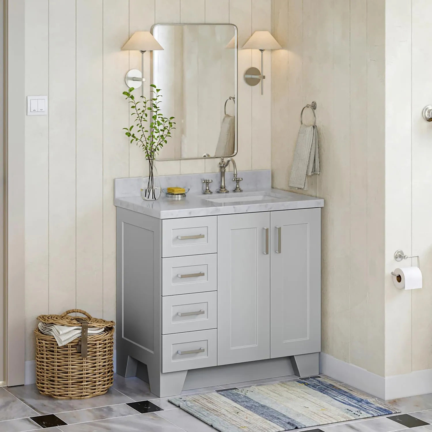 ARIEL 37" Grey Bathroom Vanity, 1.5" Edge Italian Carrara Marble Countertop & Splash, Rectangular Sink, 2 Soft Closing Doors, 5 Full Extension Dovetail Drawers, Toe Kick, Brushed Nickel