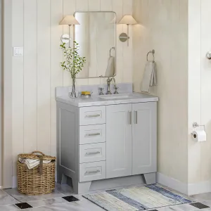 ARIEL 37" Grey Bathroom Vanity, 1.5" Edge Italian Carrara Marble Countertop & Splash, Rectangular Sink, 2 Soft Closing Doors, 5 Full Extension Dovetail Drawers, Toe Kick, Brushed Nickel