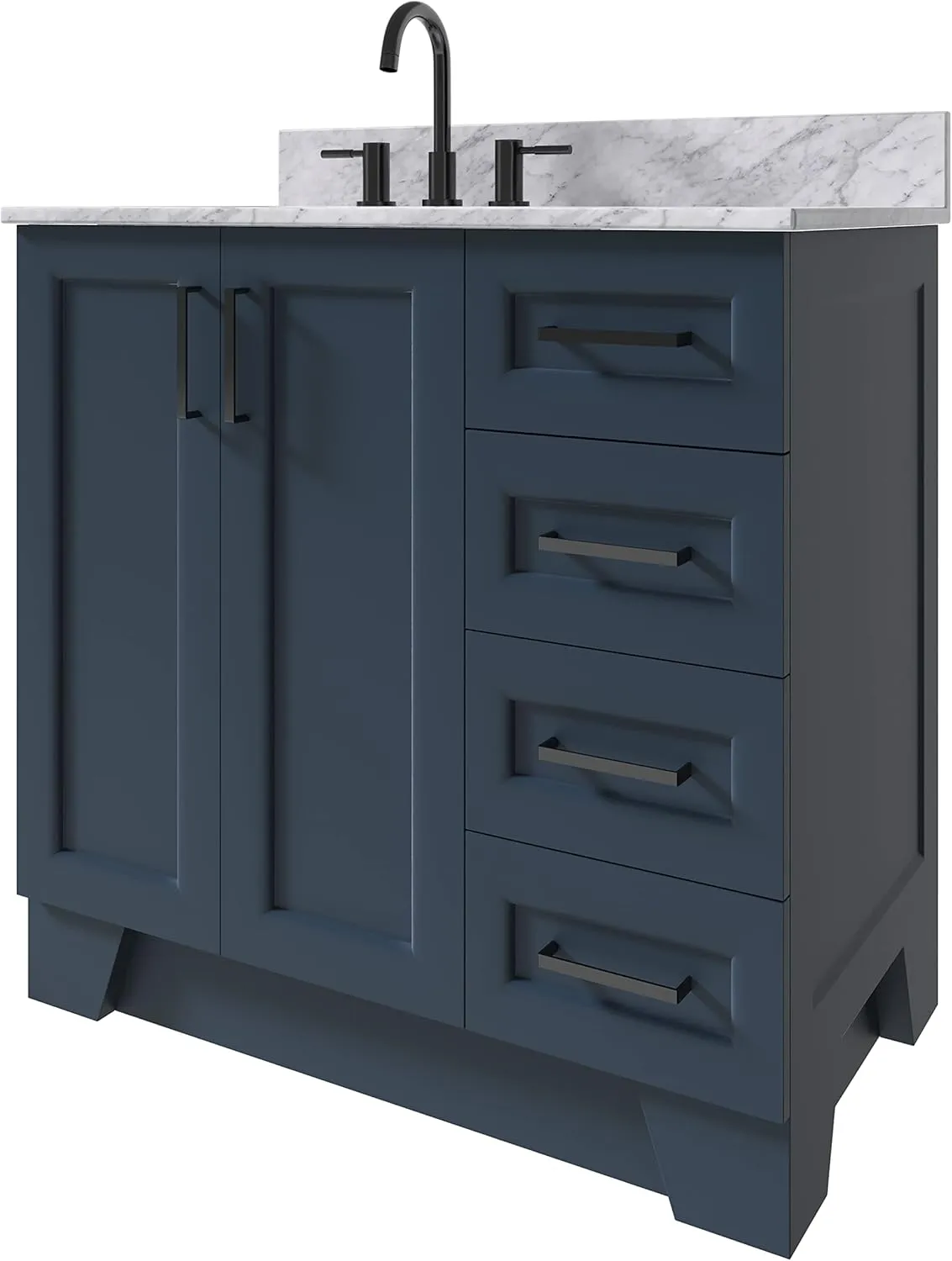 ARIEL 37" Midnight Blue Bathroom Vanity, Italian Carrara Marble Countertop & Splash, Rectangular Sink, 2 Soft Closing Doors, 5 Full Extension Dovetail Drawers, Toe Kick, Matte Black
