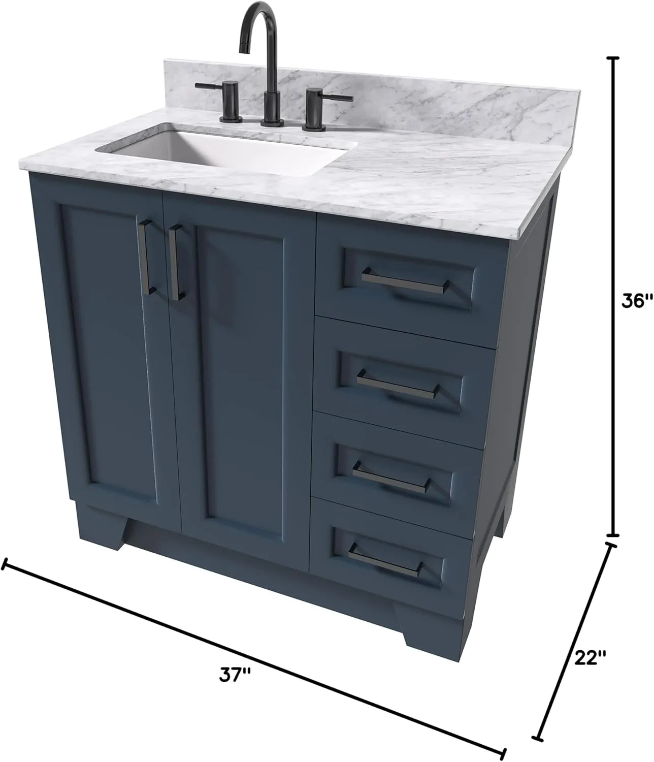 ARIEL 37" Midnight Blue Bathroom Vanity, Italian Carrara Marble Countertop & Splash, Rectangular Sink, 2 Soft Closing Doors, 5 Full Extension Dovetail Drawers, Toe Kick, Matte Black