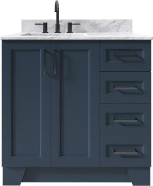 ARIEL 37" Midnight Blue Bathroom Vanity, Italian Carrara Marble Countertop & Splash, Rectangular Sink, 2 Soft Closing Doors, 5 Full Extension Dovetail Drawers, Toe Kick, Matte Black