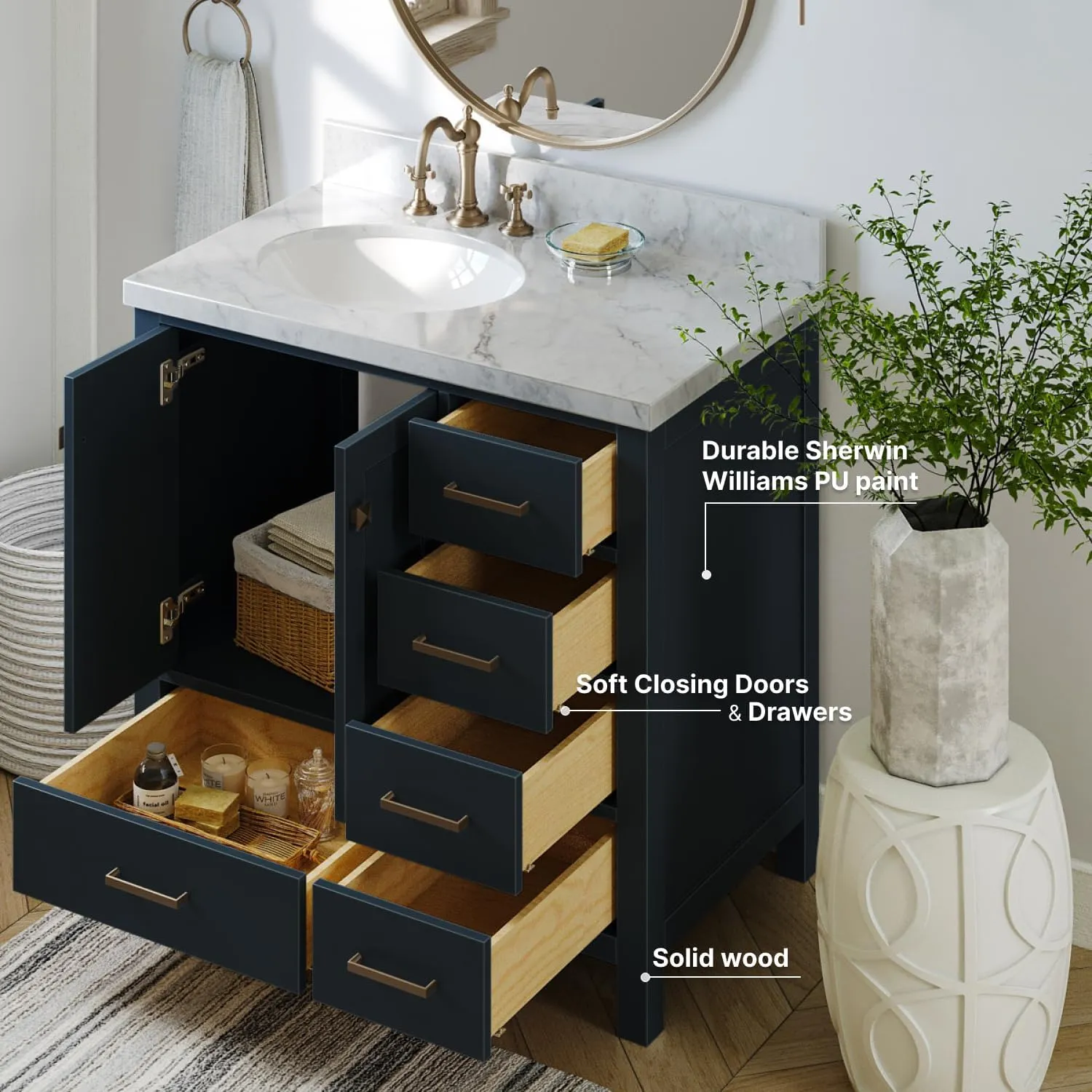 ARIEL 37" Midnight Blue Bathroom Vanity with 1.5" Edge Italian Carrara Marble Countertop & Backsplash, Left Oval Sink, 2 Soft Closing Doors, 5 Full Extension Dovetail Drawers, Satin Brass