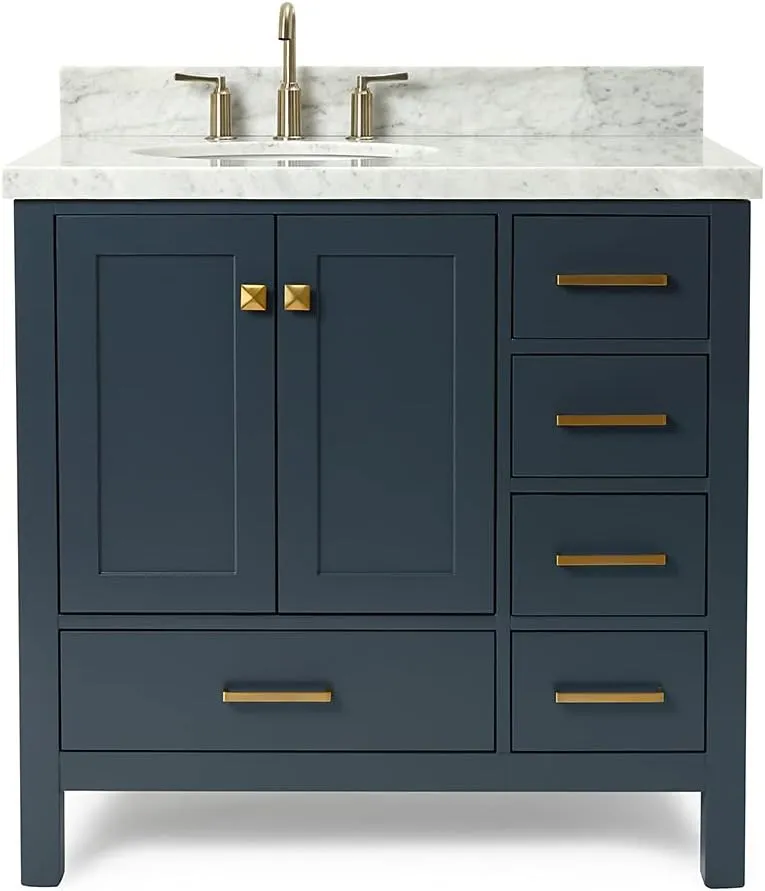 ARIEL 37" Midnight Blue Bathroom Vanity with 1.5" Edge Italian Carrara Marble Countertop & Backsplash, Left Oval Sink, 2 Soft Closing Doors, 5 Full Extension Dovetail Drawers, Satin Brass
