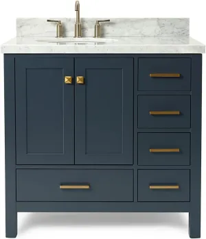 ARIEL 37" Midnight Blue Bathroom Vanity with 1.5" Edge Italian Carrara Marble Countertop & Backsplash, Left Oval Sink, 2 Soft Closing Doors, 5 Full Extension Dovetail Drawers, Satin Brass