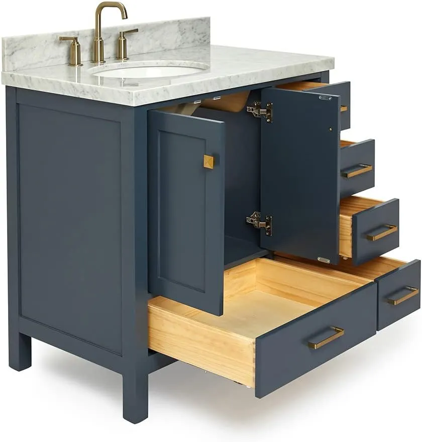 ARIEL 37" Midnight Blue Bathroom Vanity with 1.5" Edge Italian Carrara Marble Countertop & Backsplash, Left Oval Sink, 2 Soft Closing Doors, 5 Full Extension Dovetail Drawers, Satin Brass