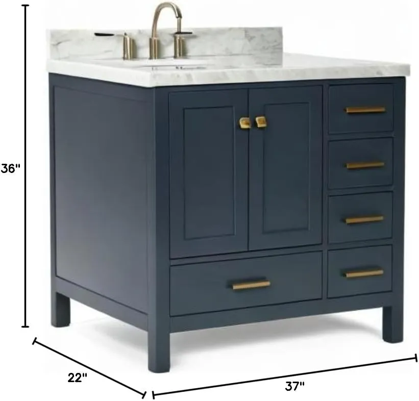 ARIEL 37" Midnight Blue Bathroom Vanity with 1.5" Edge Italian Carrara Marble Countertop & Backsplash, Left Oval Sink, 2 Soft Closing Doors, 5 Full Extension Dovetail Drawers, Satin Brass