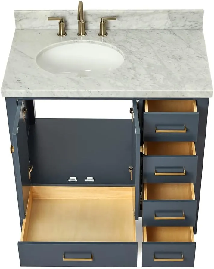 ARIEL 37" Midnight Blue Bathroom Vanity with 1.5" Edge Italian Carrara Marble Countertop & Backsplash, Left Oval Sink, 2 Soft Closing Doors, 5 Full Extension Dovetail Drawers, Satin Brass