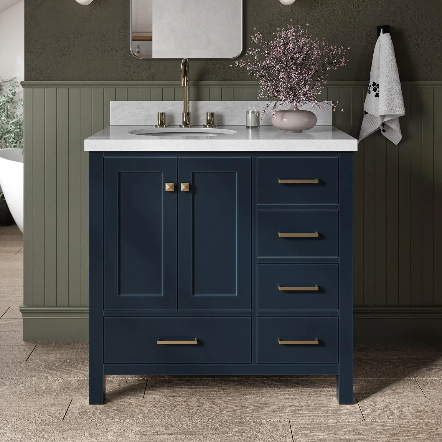 ARIEL 37" Midnight Blue Bathroom Vanity with 1.5" Edge Italian Carrara Marble Countertop & Backsplash, Left Oval Sink, 2 Soft Closing Doors, 5 Full Extension Dovetail Drawers, Satin Brass