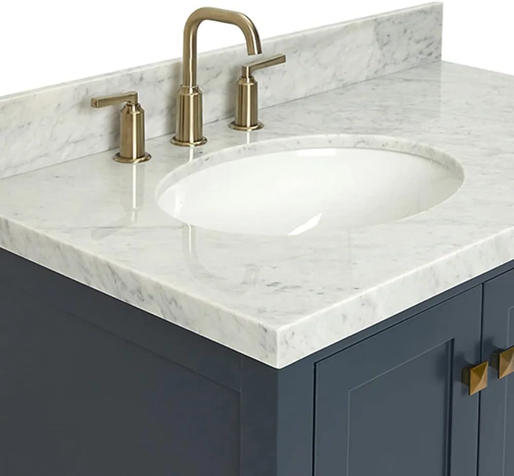 ARIEL 37" Midnight Blue Bathroom Vanity with 1.5" Edge Italian Carrara Marble Countertop & Backsplash, Left Oval Sink, 2 Soft Closing Doors, 5 Full Extension Dovetail Drawers, Satin Brass