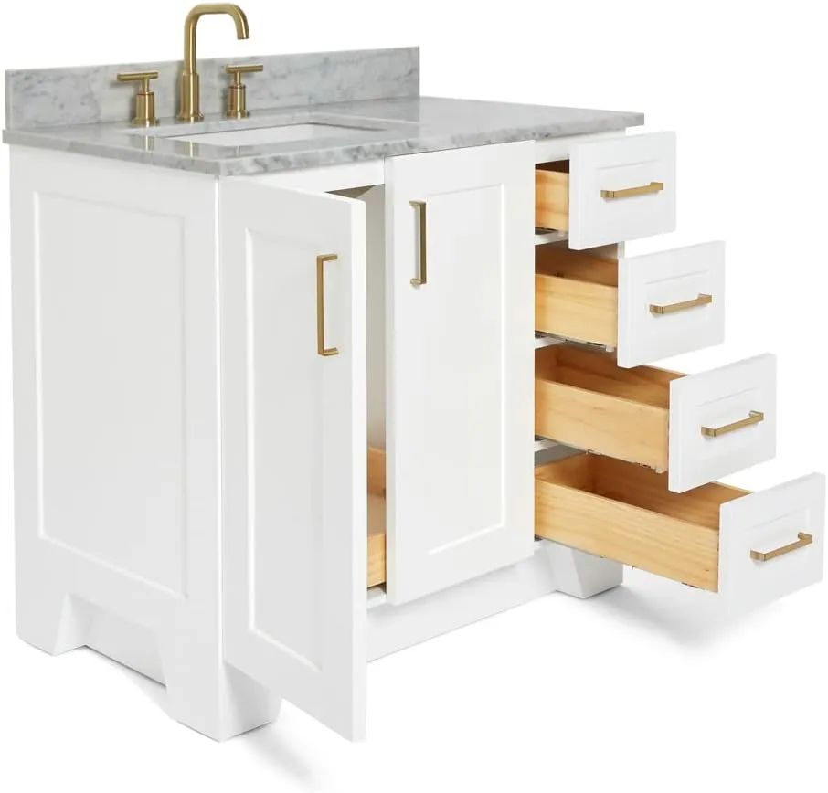 ARIEL 37" White Bathroom Vanity with Italian Carrara Marble Countertop & Backsplash, Left Rectangular Sink, 2 Soft Closing Doors, 5 Full Extension Dovetail Drawers, Toe Kick, Matte Black