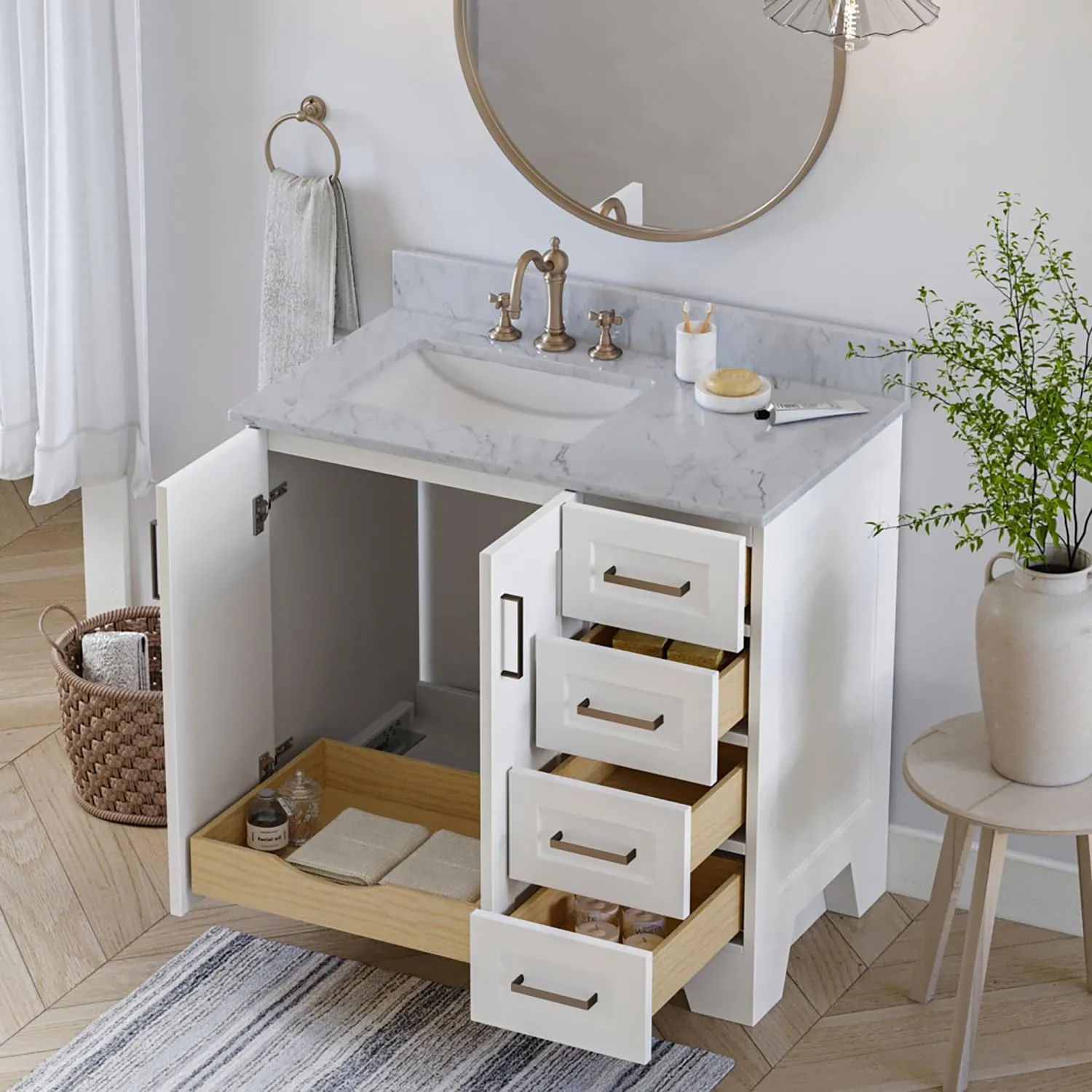 ARIEL 37" White Bathroom Vanity with Italian Carrara Marble Countertop & Backsplash, Left Rectangular Sink, 2 Soft Closing Doors, 5 Full Extension Dovetail Drawers, Toe Kick, Matte Black