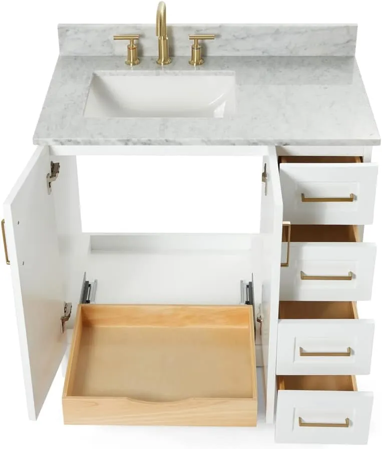 ARIEL 37" White Bathroom Vanity with Italian Carrara Marble Countertop & Backsplash, Left Rectangular Sink, 2 Soft Closing Doors, 5 Full Extension Dovetail Drawers, Toe Kick, Matte Black