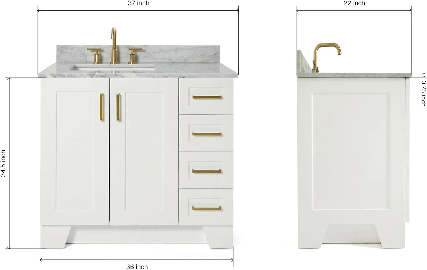 ARIEL 37" White Bathroom Vanity with Italian Carrara Marble Countertop & Backsplash, Left Rectangular Sink, 2 Soft Closing Doors, 5 Full Extension Dovetail Drawers, Toe Kick, Matte Black